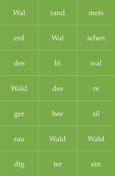 Ein typografisches Bild aus vertikal und horizontal aufgereihten Silben mehrerer Waldworte. Weiße Schrift auf grünem Hintergrund.
