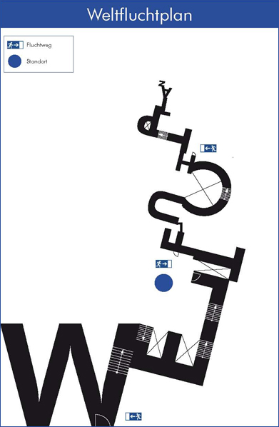 Das Wort WELTFLUCHTPLAN in der Anmutung eines Fluchtplans. Treppen führen durch die wirr aneinander gereihten Buchstaben, Türen und Fluchtwege hinein und hinaus.