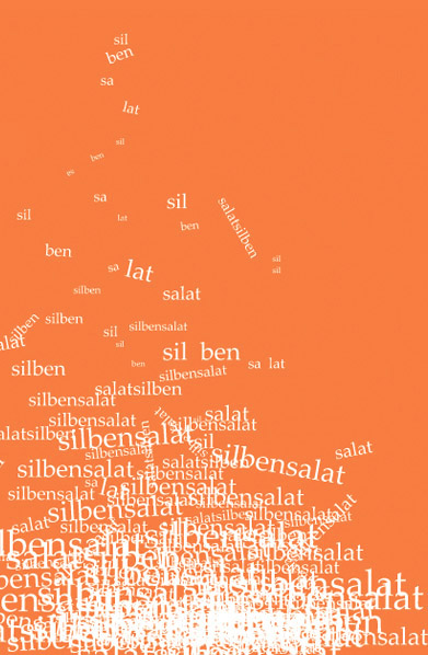 Ein Silbenberg aus den Silben des wiederkehrenden Wortes Silbensalat - Weiß auf Orange.